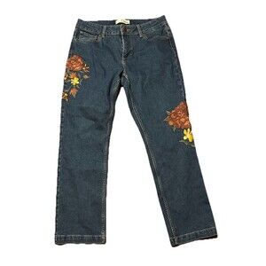 Dittos Womens 10 Blue Jeans Floral Embroidered Straight Leg Boho Casual Denim